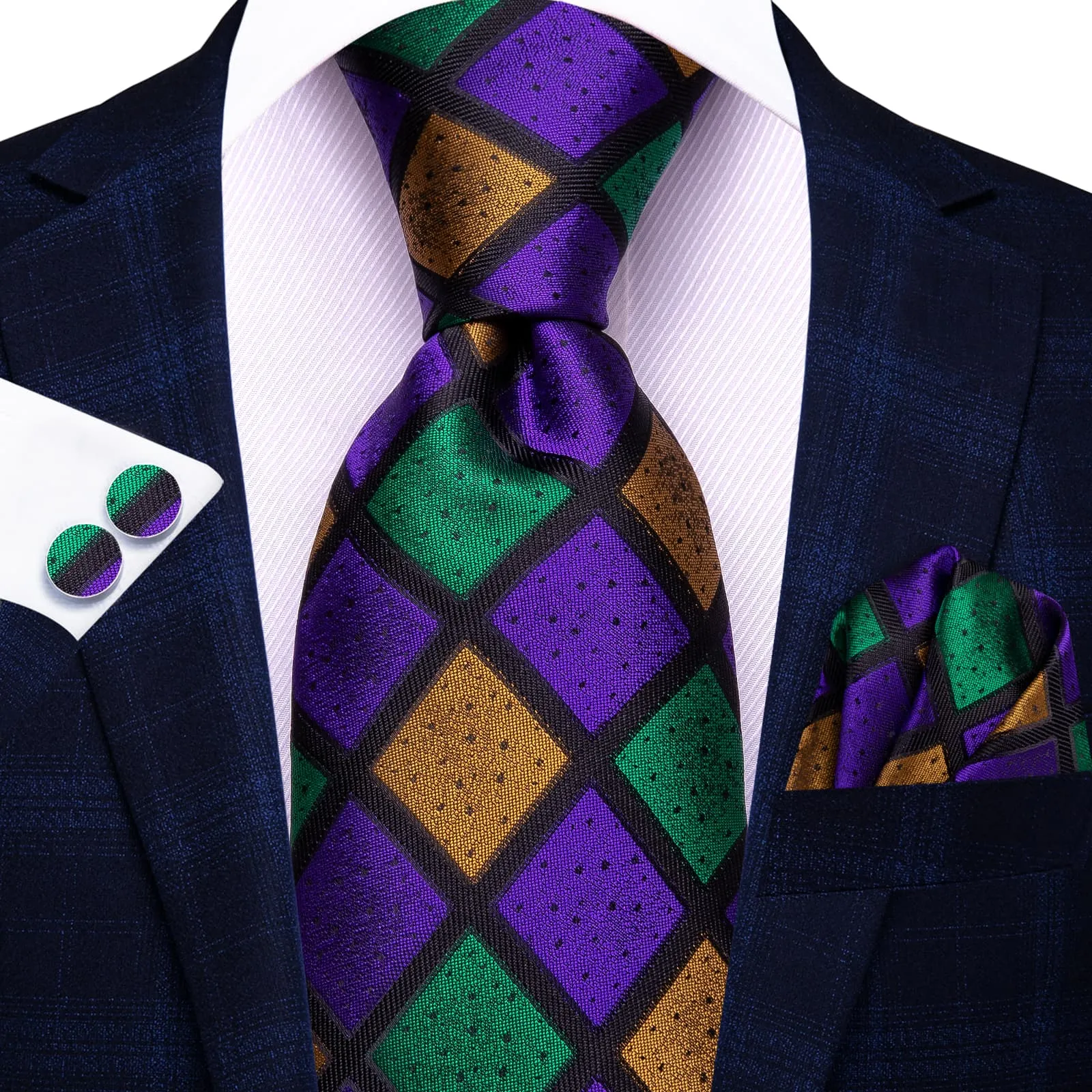 Ties2you Plaid Silk Tie Purple Green Gold Mens Formal Business Tie Hanky Cufflinks Set sold by Ties2You product image thumbnail 2