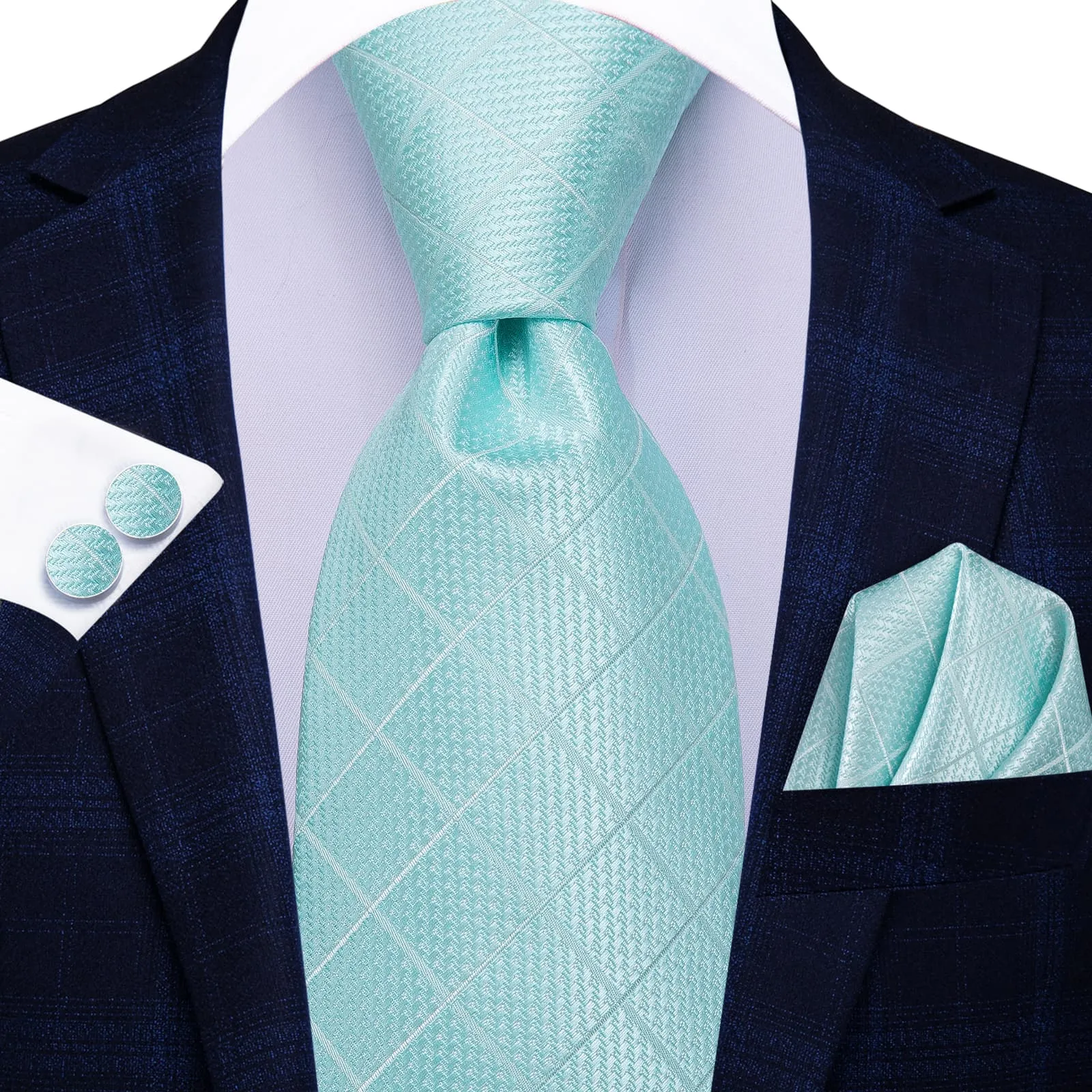 Ties2you Business Tie Aqua Plaid Silk Mens Dress Suit Tie Pocket Square Cufflinks Set sold by Ties2You product image thumbnail 2