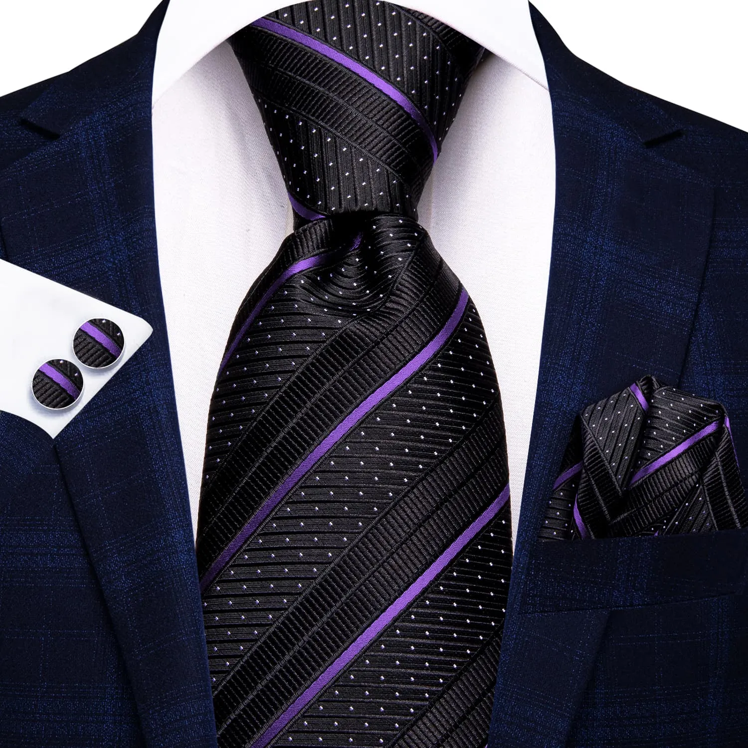 Ties2you Silk Black Necktie Lavender Striped Business Tie Pocket Square Cufflinks Set sold by Ties2You product image thumbnail 2