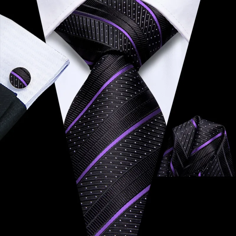 Ties2you Silk Black Necktie Lavender Striped Business Tie Pocket Square Cufflinks Set sold by Ties2You