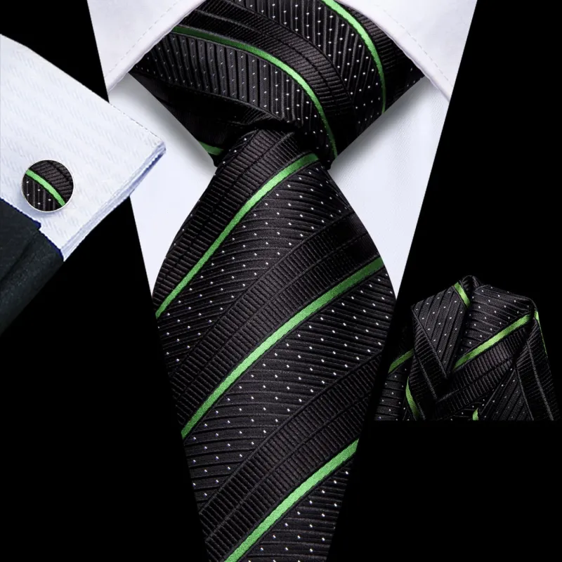 Ties2you Silk Black Necktie Sage Green Striped Business Tie Pocket Square Cufflinks Set sold by Ties2You