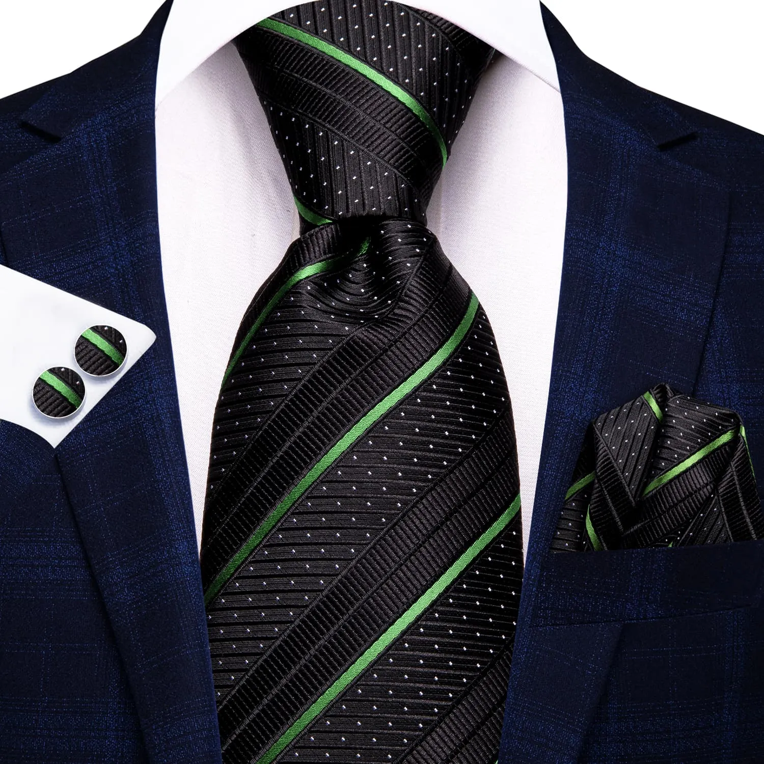 Ties2you Silk Black Necktie Sage Green Striped Business Tie Pocket Square Cufflinks Set sold by Ties2You product image thumbnail 2
