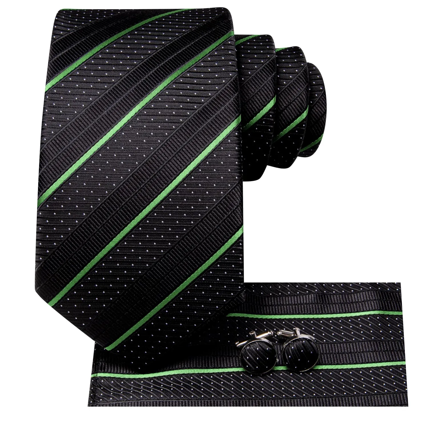 Ties2you Silk Black Necktie Sage Green Striped Business Tie Pocket Square Cufflinks Set sold by Ties2You product image thumbnail 3