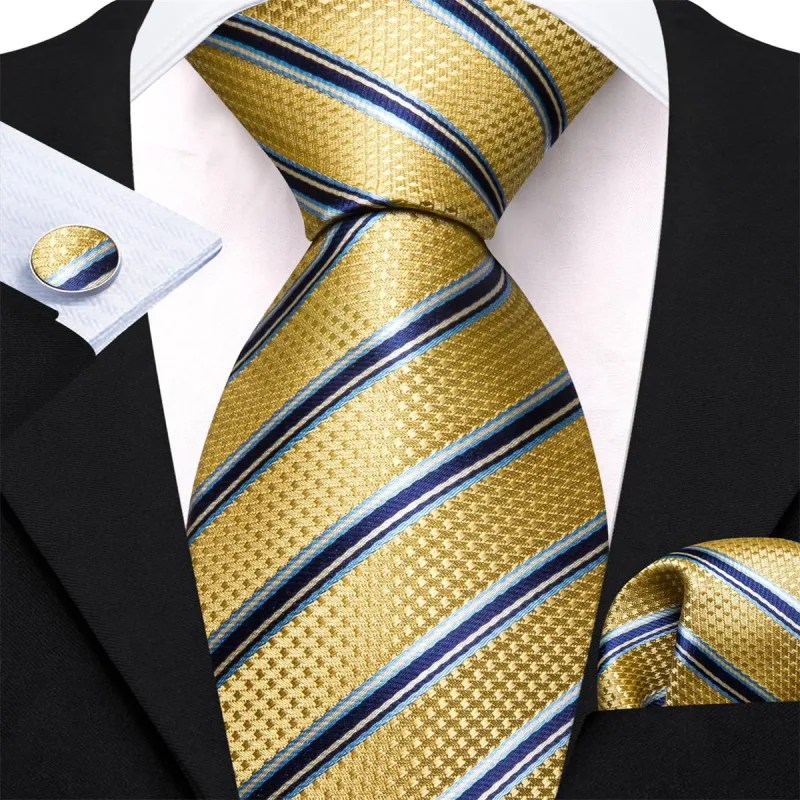 Ties2you Mens Dress Necktie Business Yellow Striped Silk Tie Handkercheif Cufflinks Set sold by Ties2You