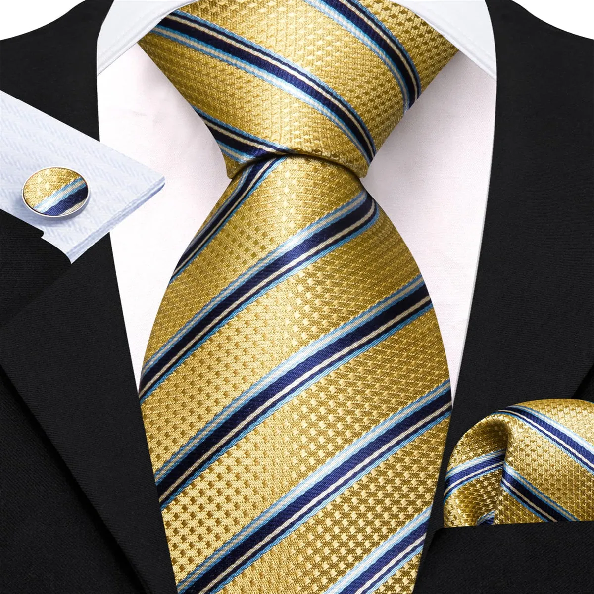 Ties2you Mens Dress Necktie Business Yellow Striped Silk Tie Handkercheif Cufflinks Set sold by Ties2You