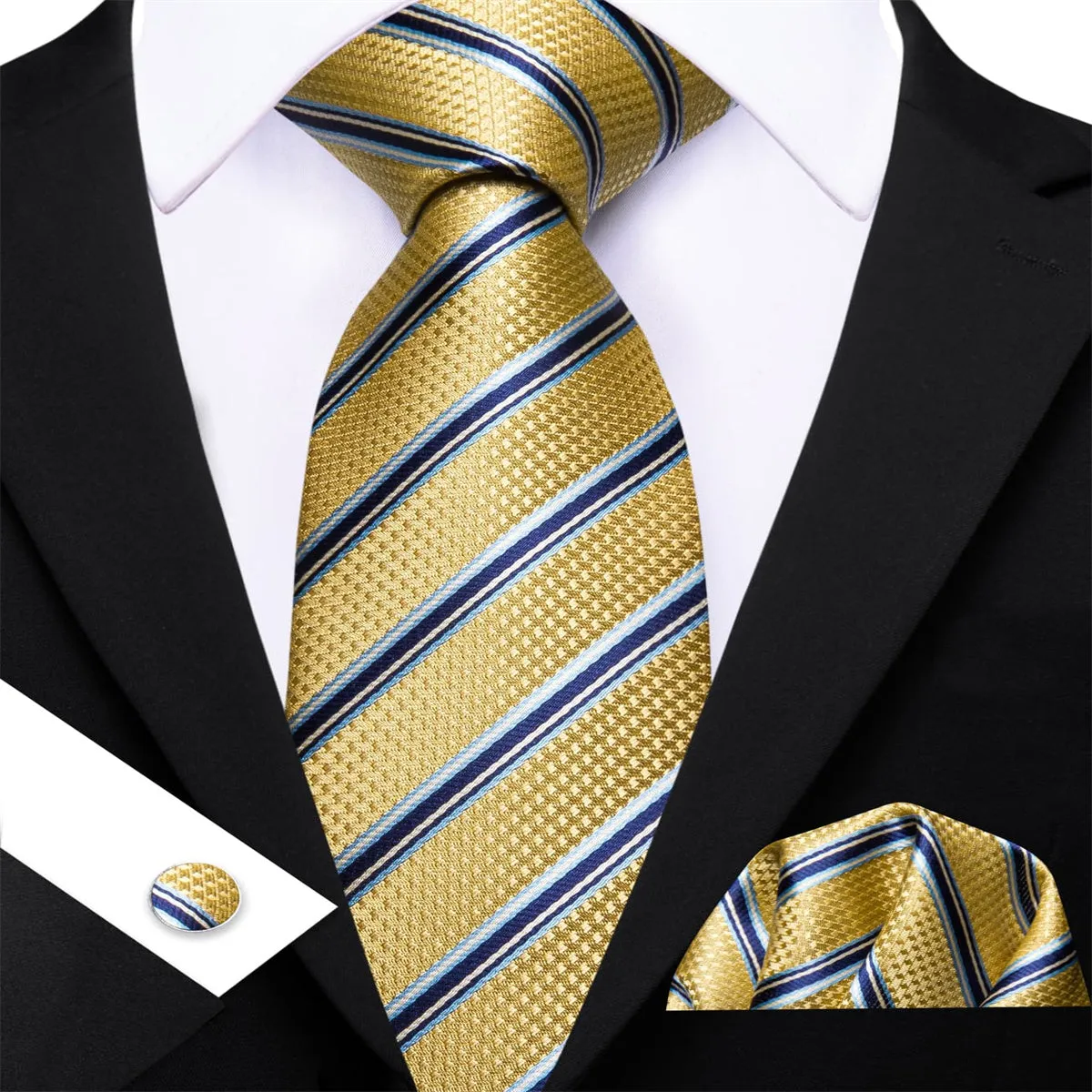Ties2you Mens Dress Necktie Business Yellow Striped Silk Tie Handkercheif Cufflinks Set sold by Ties2You product image thumbnail 3
