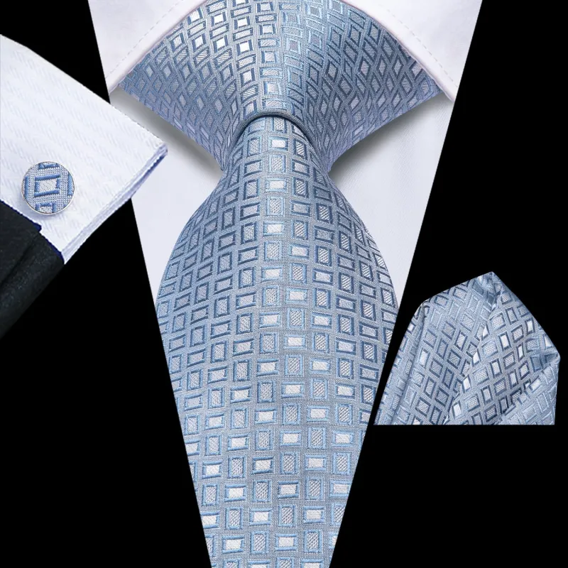 Ties2you Silk Plaid Necktie Formal Icy Blue Texudo Tie Handkercheif Cufflinks Set sold by Ties2You