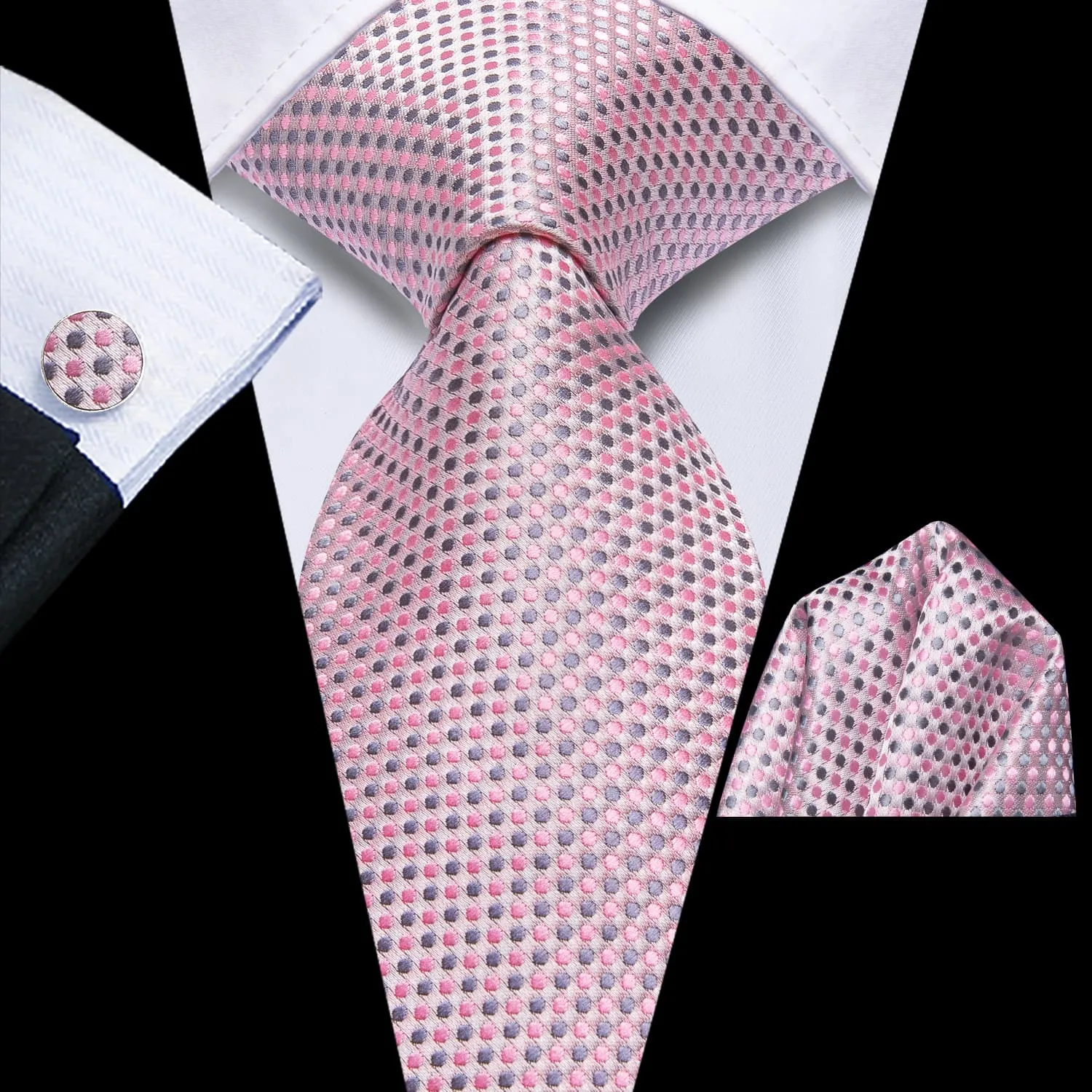 Ties2you Polka Dots Tie Pink Grey Silk Men's Tie Handkerchief Cufflinks Set sold by Ties2You