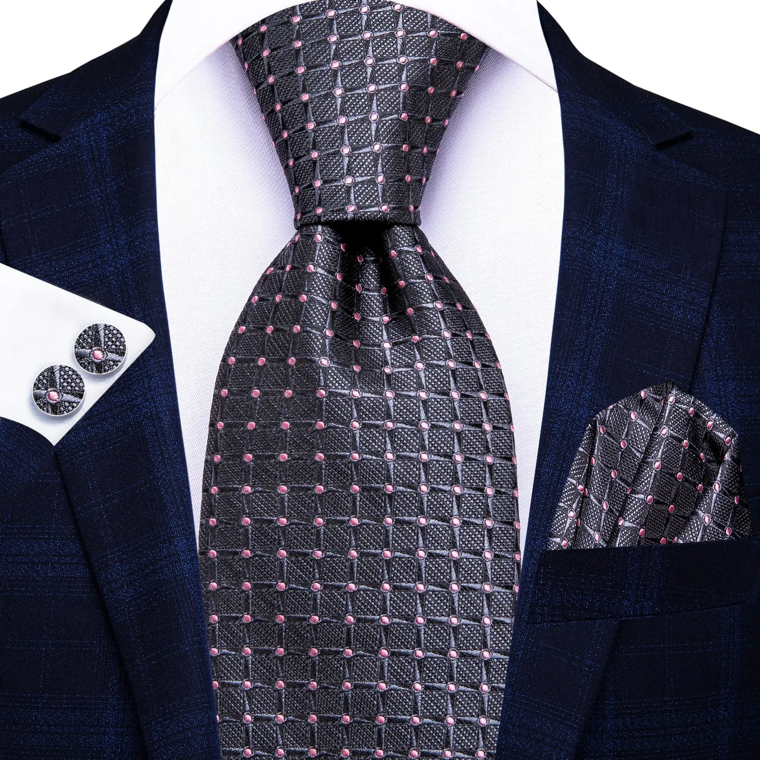 Grey Pink Plaid Men's Necktie Hanky Cufflinks Set sold by Ties2You product image thumbnail 2