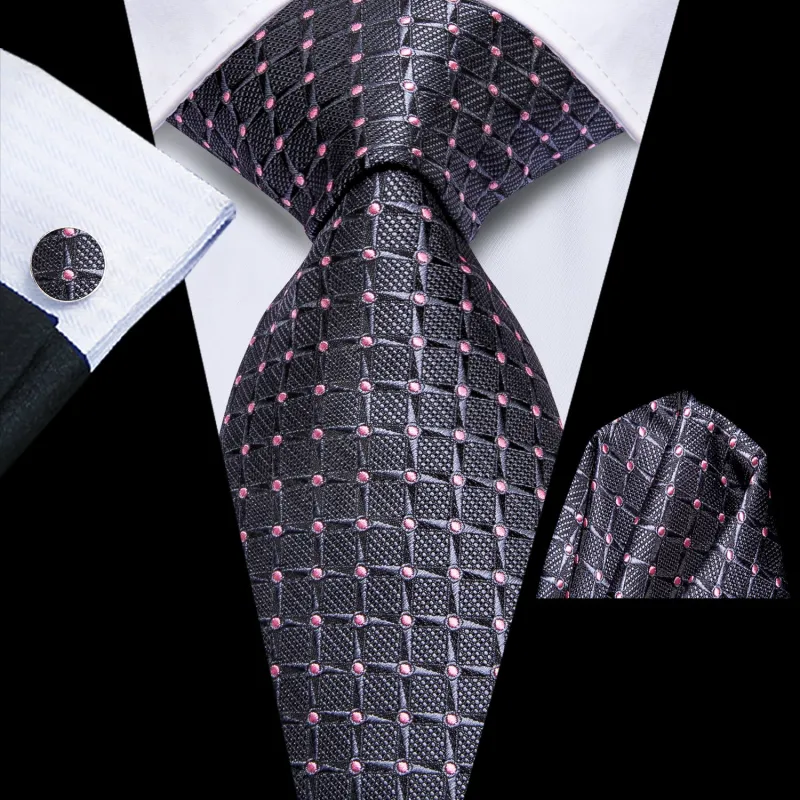 Grey Pink Plaid Men's Necktie Hanky Cufflinks Set sold by Ties2You