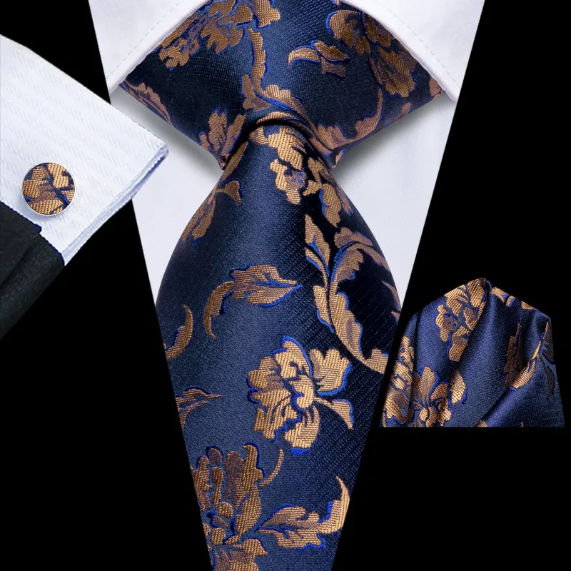 Navy Blue Brown Floral Men's Necktie Hanky Cufflinks Set sold by Ties2You