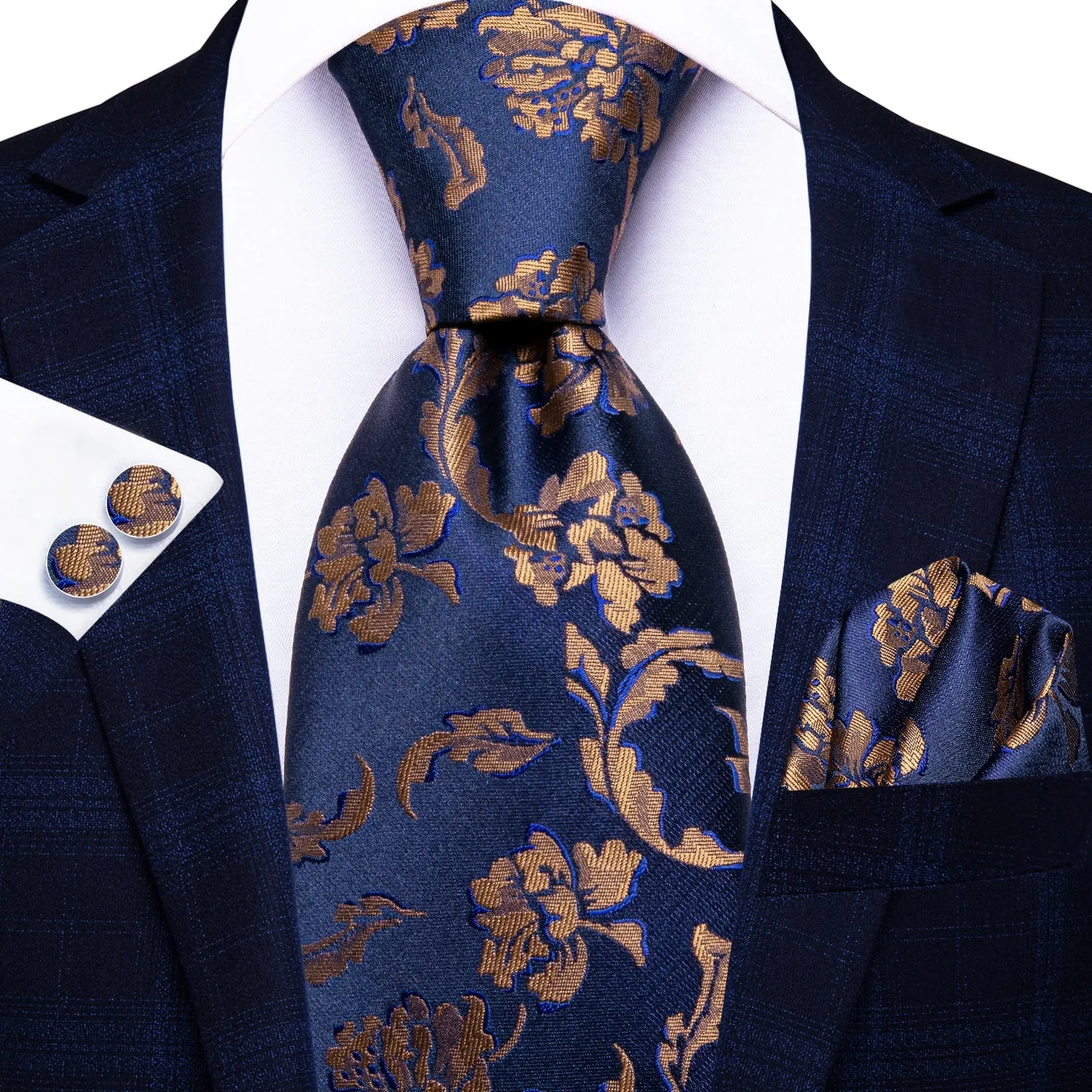 Navy Blue Brown Floral Men's Necktie Hanky Cufflinks Set sold by Ties2You product image thumbnail 2