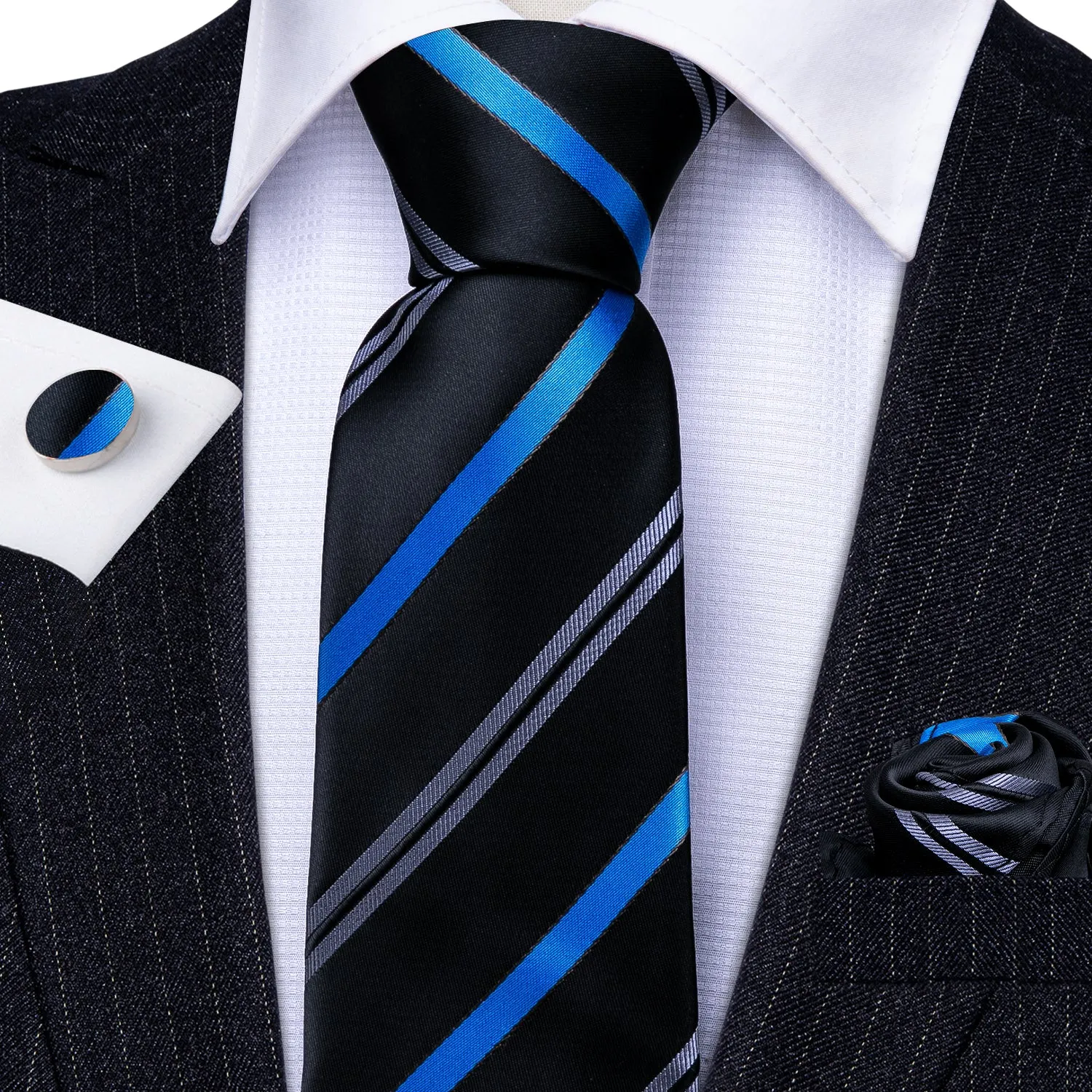 Blue Black Striped Men's Tie Pocket Square Cufflinks Set sold by Ties2You product image thumbnail 4