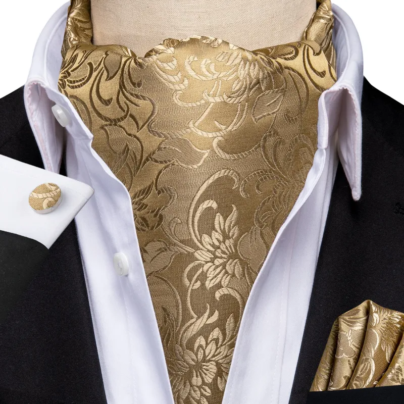 Ties2you Gold Paisley Silk Ascot Prom Cravat Tie Pocket Square Cufflinks Set made by Ties2You