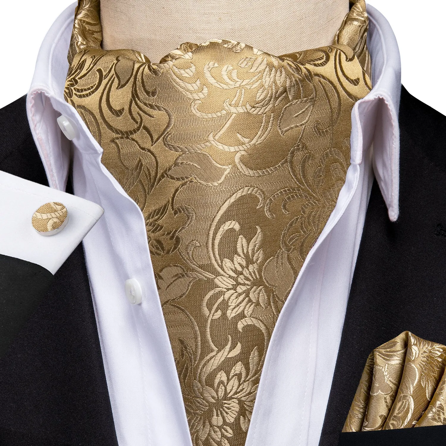 Ties2you Gold Paisley Silk Ascot Prom Cravat Tie Pocket Square Cufflinks Set sold by Ties2You