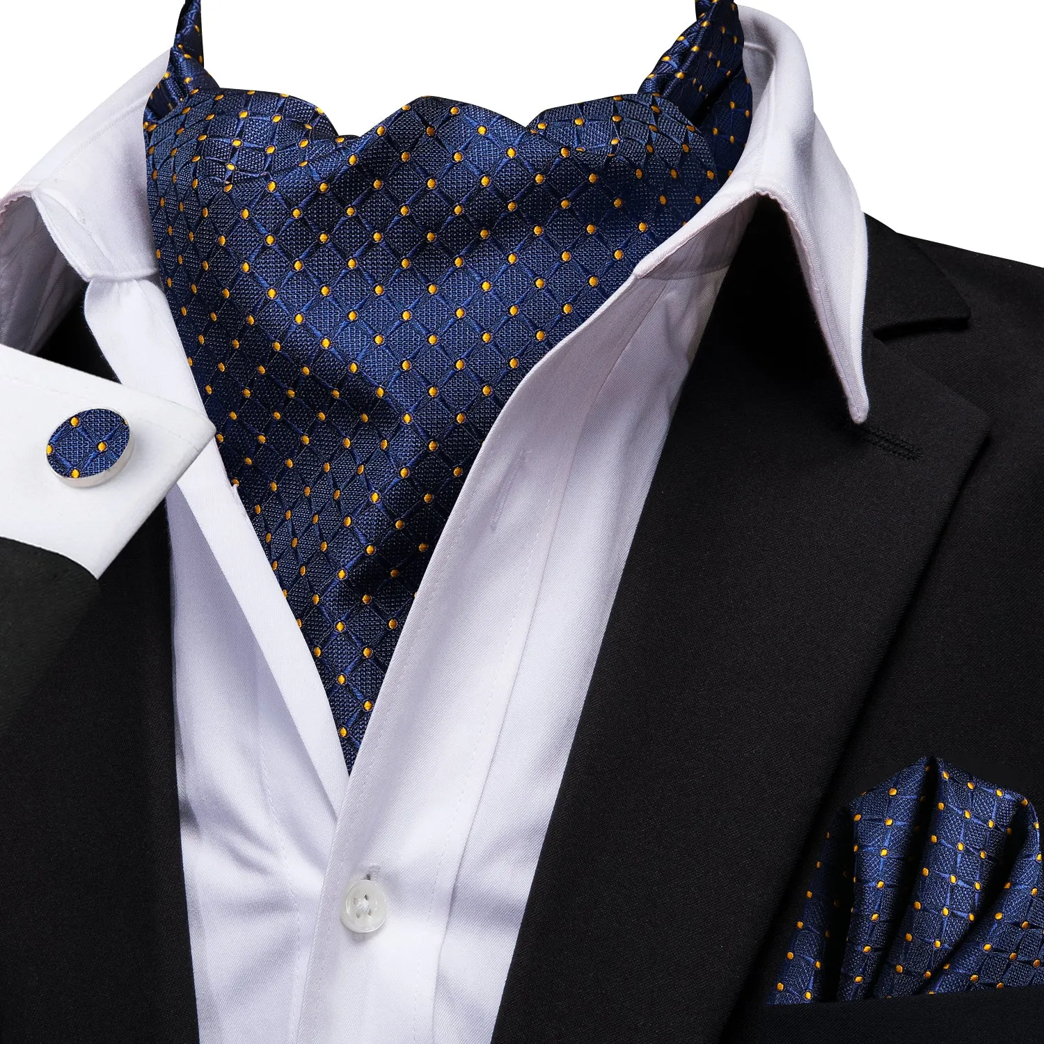 Ties2you Navy Blue Ascot Necktie Mens Polka Dot Casual Cravat Tie Pocket Square Cufflinks Set sold by Ties2You product image thumbnail 2