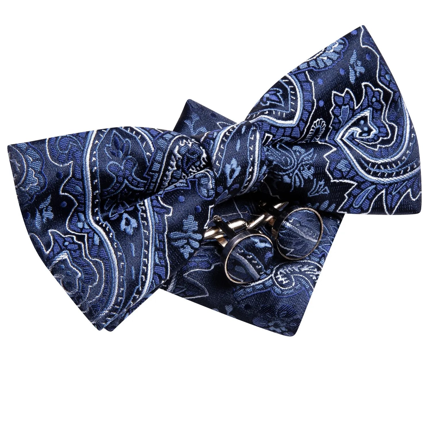 Blue White Paisley Men Pre-tied Bowtie Pocket Square Cufflinks Set sold by Ties2You product image thumbnail 4