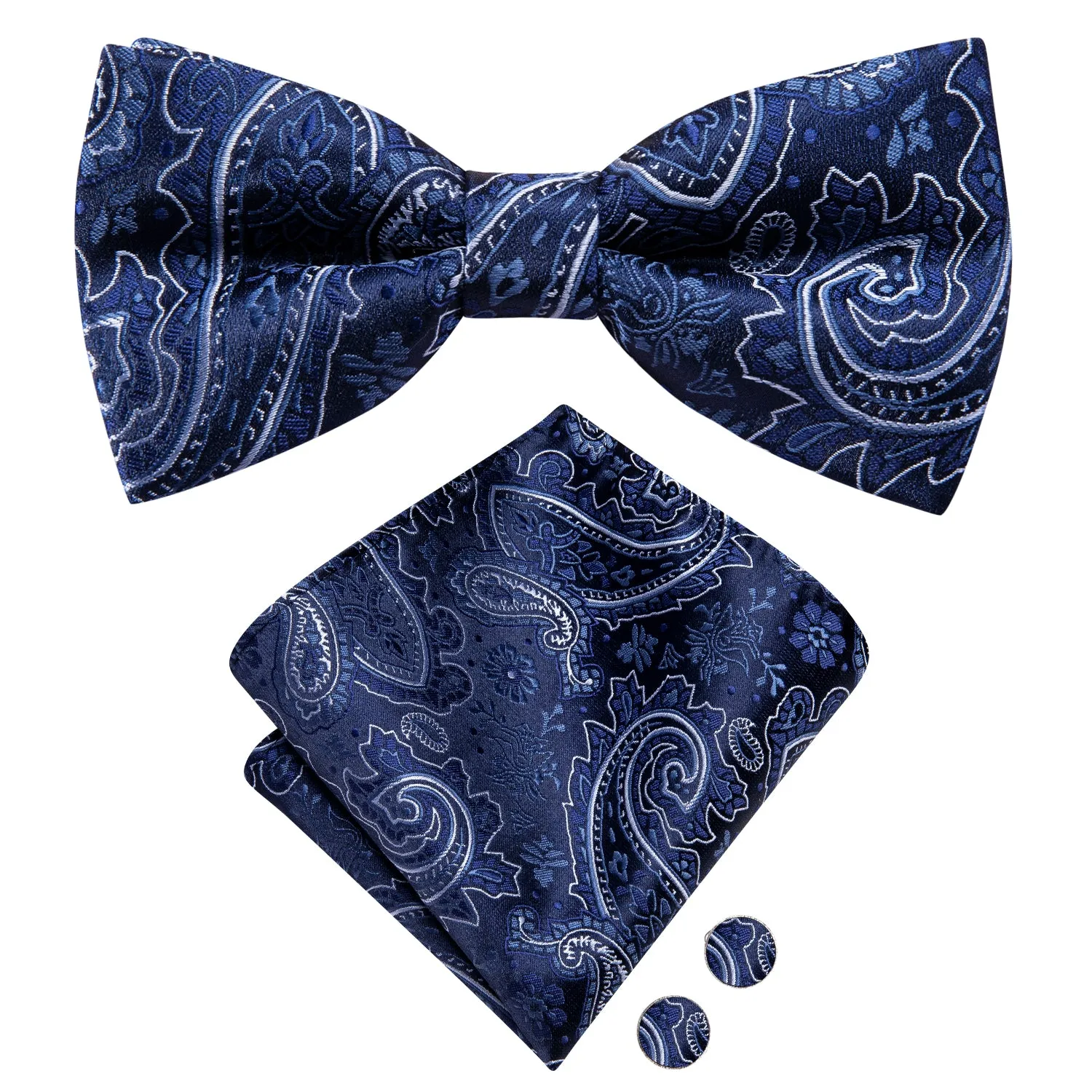 Blue White Paisley Men Pre-tied Bowtie Pocket Square Cufflinks Set sold by Ties2You product image thumbnail 2