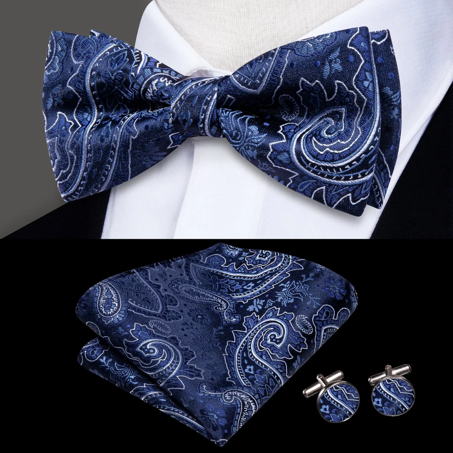 Blue White Paisley Men Pre-tied Bowtie Pocket Square Cufflinks Set sold by Ties2You