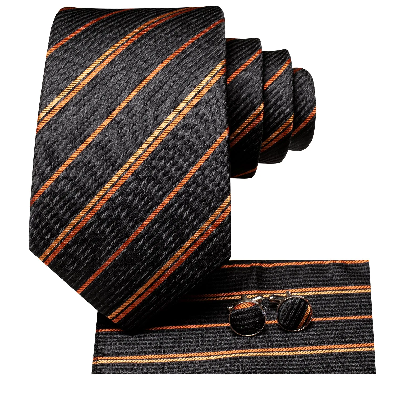 Black Orange Striped Tie Pocket Square Cufflinks Set sold by Ties2You product image thumbnail 2