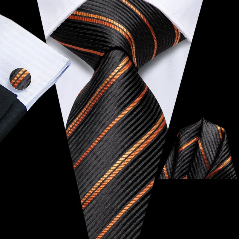 Black Orange Striped Tie Pocket Square Cufflinks Set sold by Ties2You