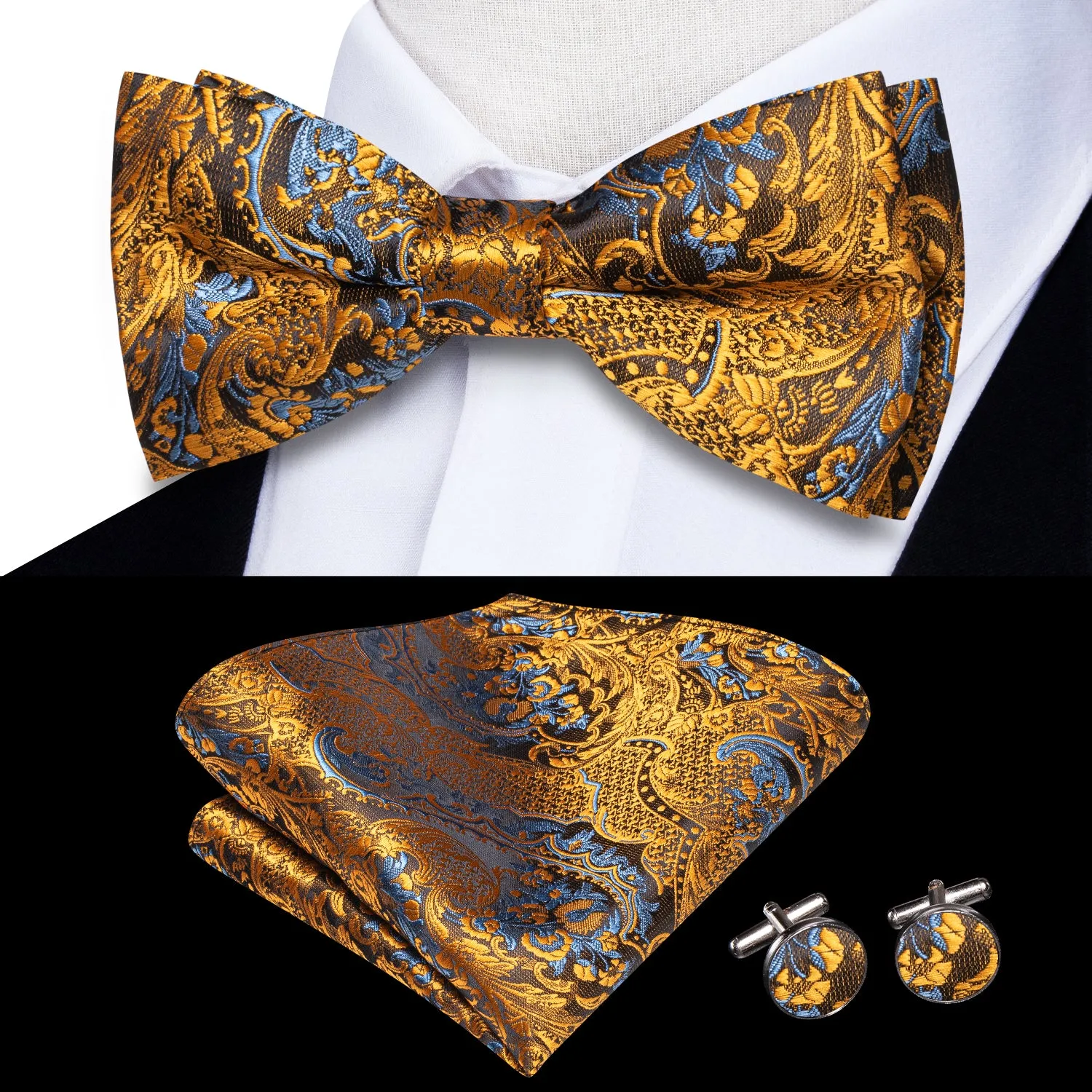 Golden Brown Paisley Men's Pre-tied Bowtie Pocket Square Cufflinks Set sold by Ties2You product image thumbnail 2