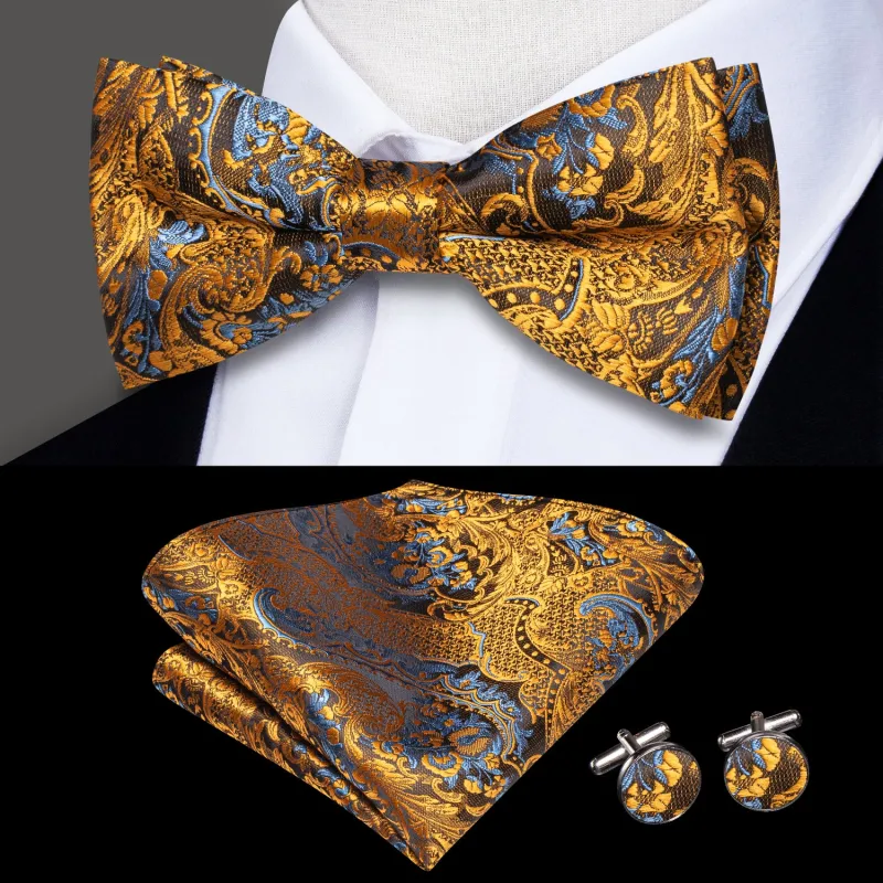 Golden Brown Paisley Men's Pre-tied Bowtie Pocket Square Cufflinks Set sold by Ties2You