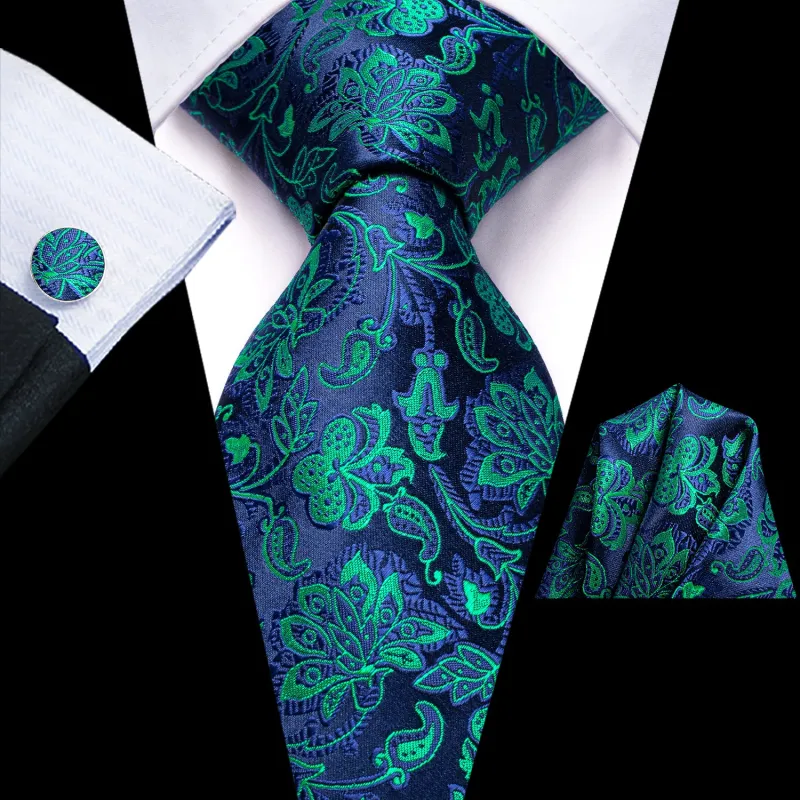 Dark Blue Floral Men's Tie Handkerchief Cufflinks Set made by Ties2You
