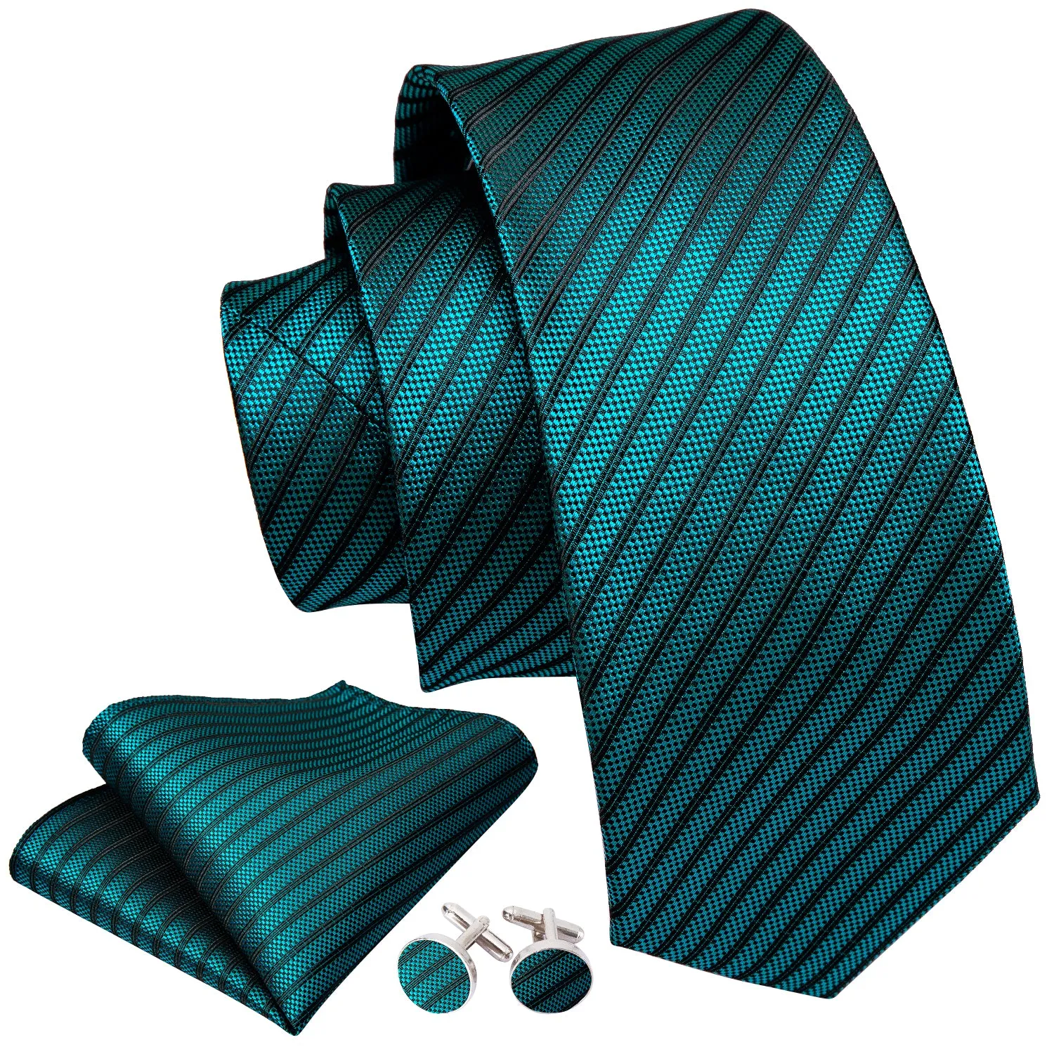 Teal Blue Striped Men's Tie Pocket Square Cufflinks Set sold by Ties2You product image thumbnail 2