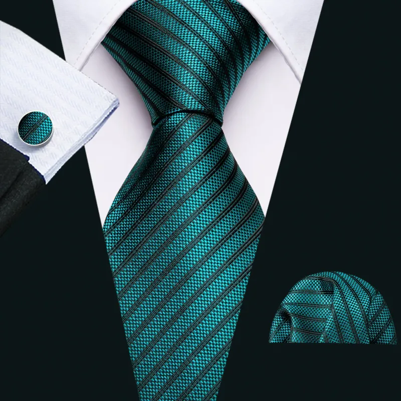 Teal Blue Striped Men's Tie Pocket Square Cufflinks Set sold by Ties2You