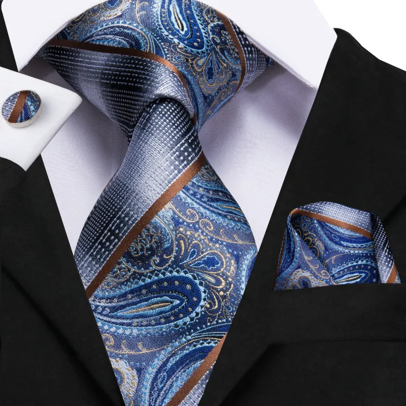 Ties2you Mens Formal Tie Blue Paisley Business Necktie Pocket Square Cufflinks Set sold by Ties2You