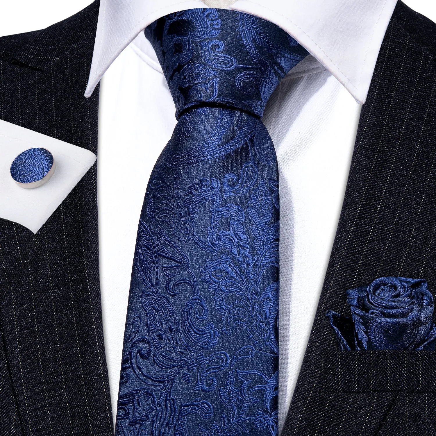 Navy Blue Floral Mens Tie Pocket Square Cufflinks Set sold by Ties2You product image thumbnail 2