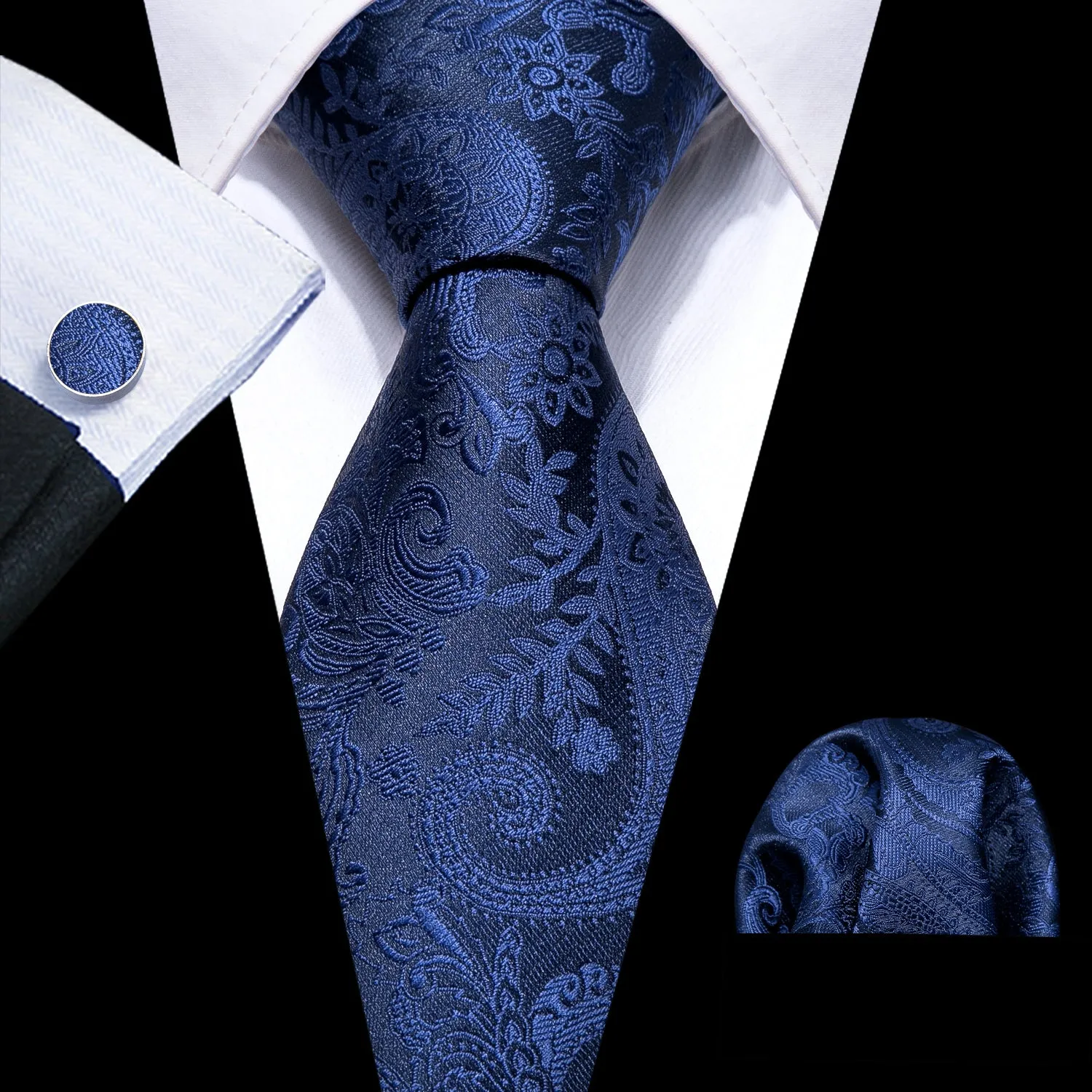 Navy Blue Floral Mens Tie Pocket Square Cufflinks Set sold by Ties2You
