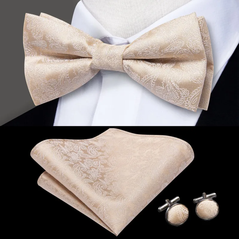 Ties2you Wedding Tie Champagne Men's Pre-Tied Bow tie Pocket Square Cufflinks Set sold by Ties2You