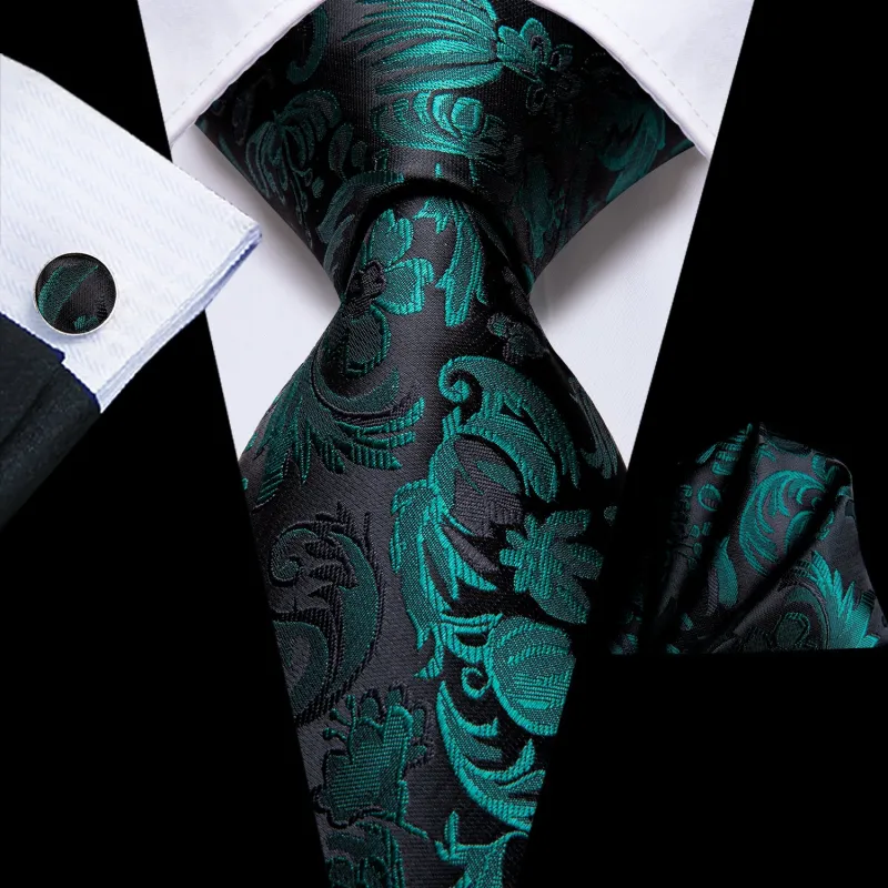 Black Green Floral Silk Necktie Pocket Square Cufflinks Set sold by Ties2You