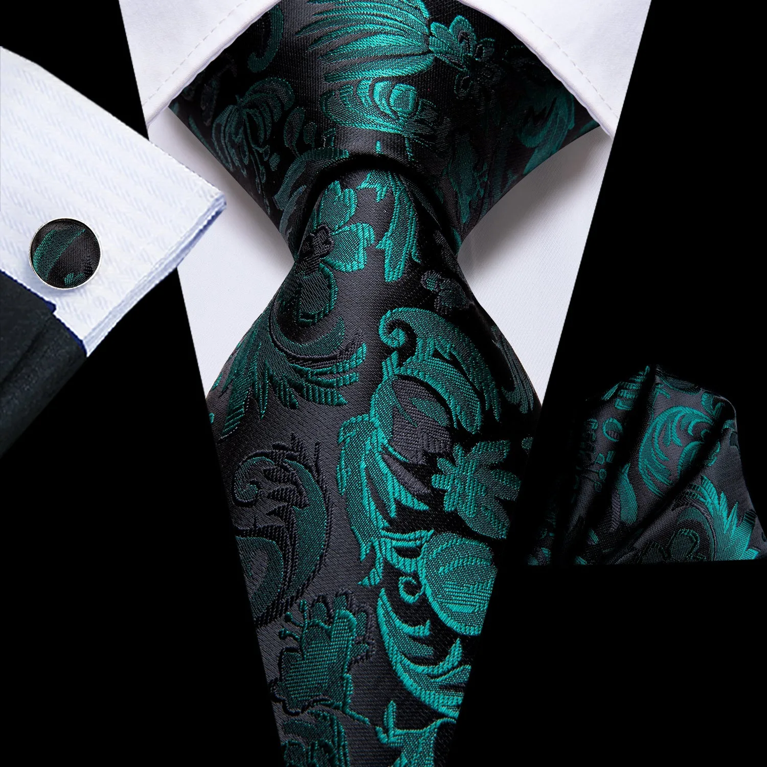 Black Green Floral Silk Necktie Pocket Square Cufflinks Set sold by Ties2You
