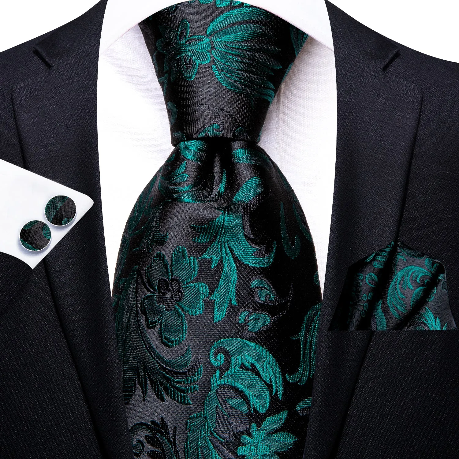 Black Green Floral Silk Necktie Pocket Square Cufflinks Set sold by Ties2You product image thumbnail 2
