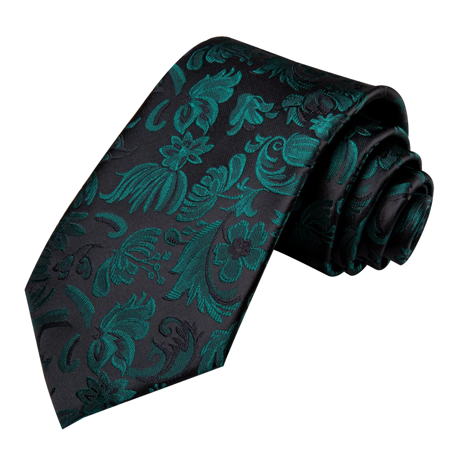 Black Green Floral Silk Necktie Pocket Square Cufflinks Set sold by Ties2You product image thumbnail 4