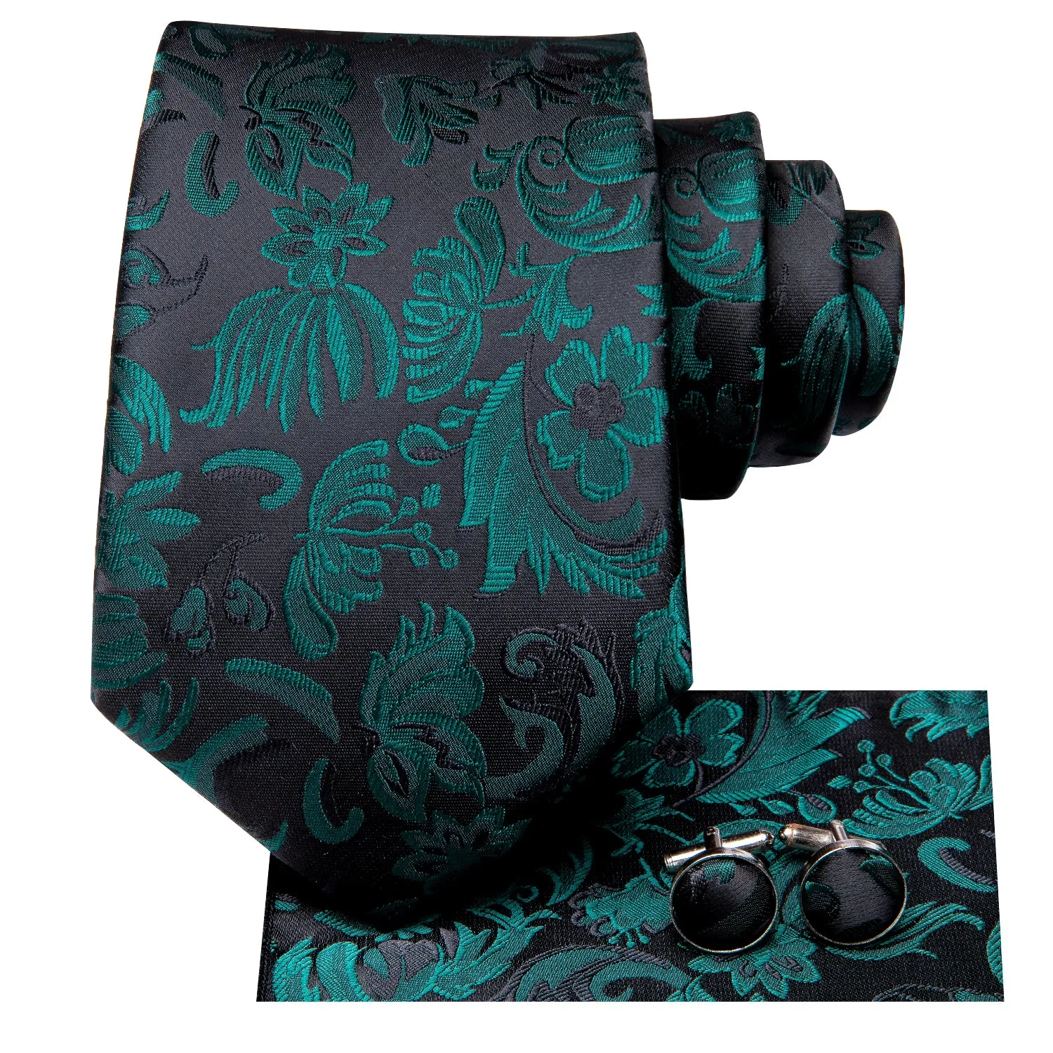 Black Green Floral Silk Necktie Pocket Square Cufflinks Set sold by Ties2You product image thumbnail 3