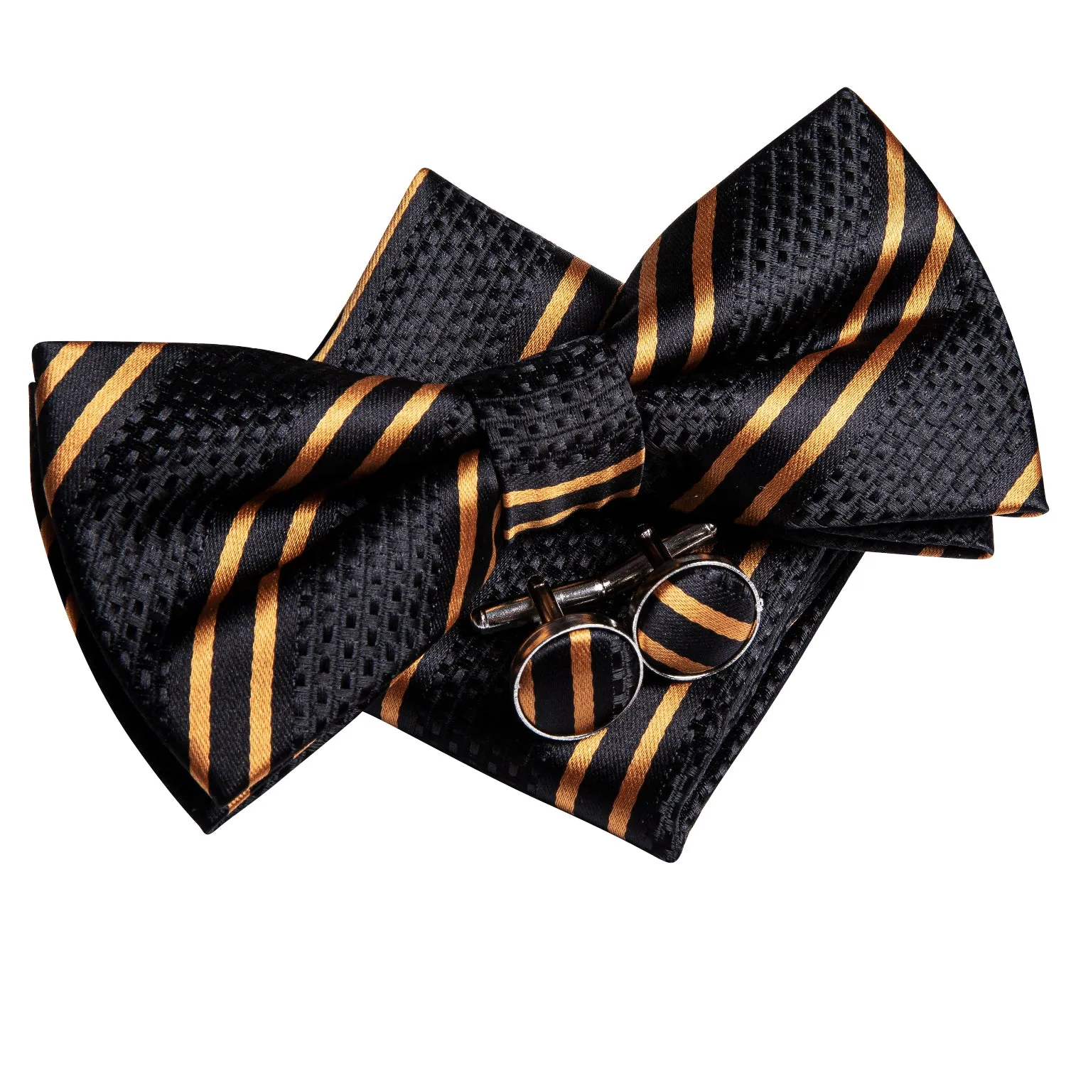 Ties2you Black Tie Golden Striped Pre-Tied Bow Tie Hanky Cufflinks Set sold by Ties2You product image thumbnail 4