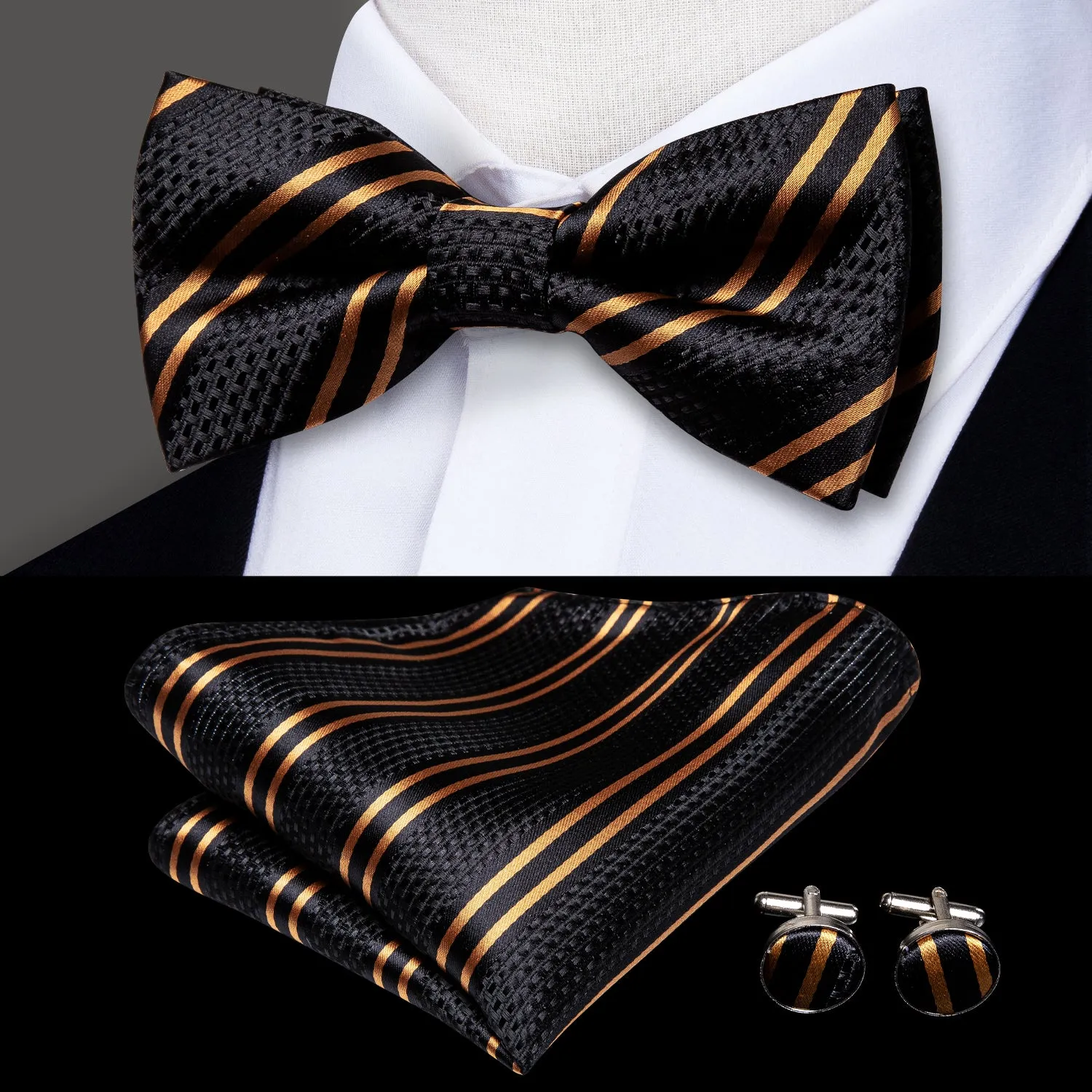 Ties2you Black Tie Golden Striped Pre-Tied Bow Tie Hanky Cufflinks Set sold by Ties2You
