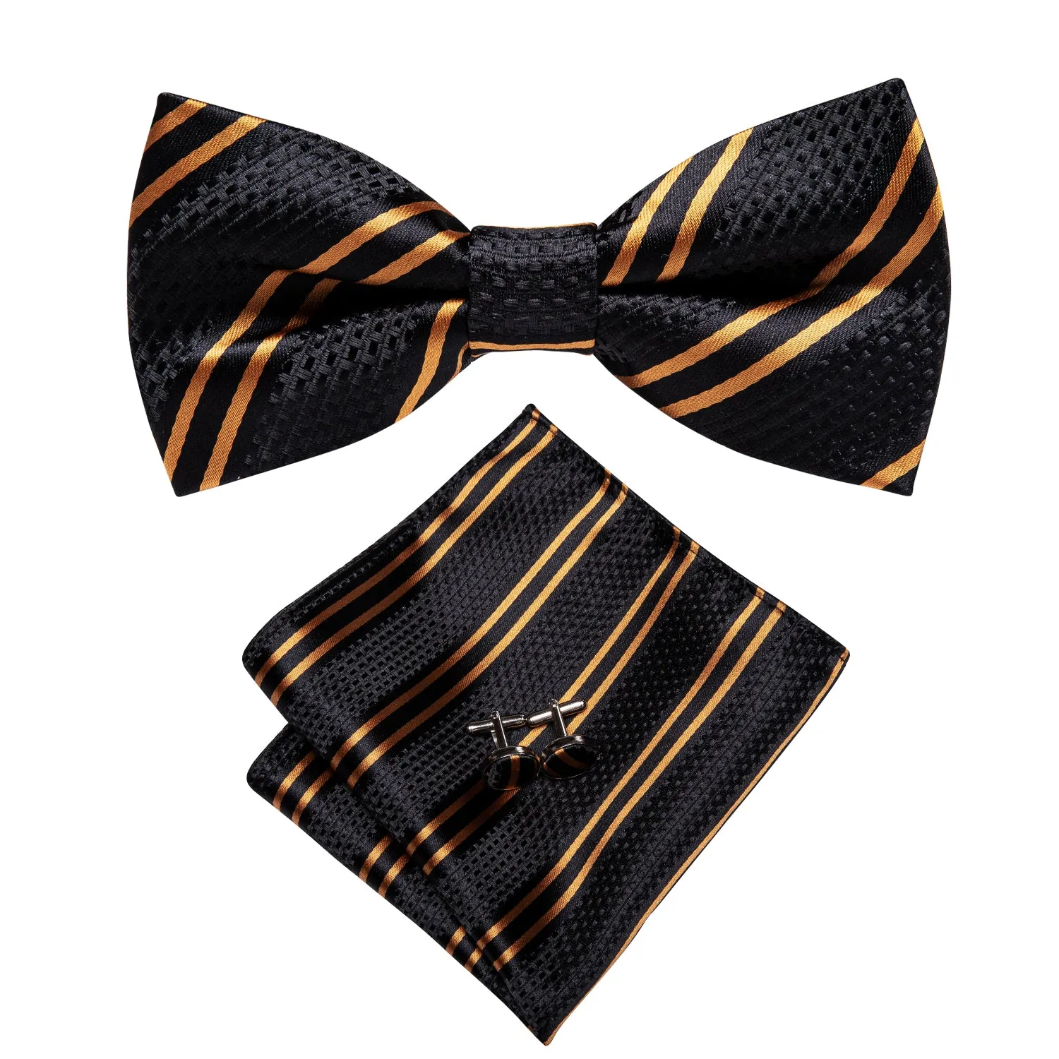 Ties2you Black Tie Golden Striped Pre-Tied Bow Tie Hanky Cufflinks Set sold by Ties2You product image thumbnail 3