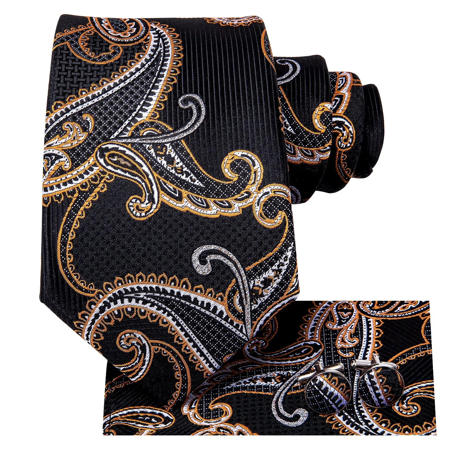 Black Golden Paisley Necktie Pocket Square Cufflinks Set sold by Ties2You product image thumbnail 2