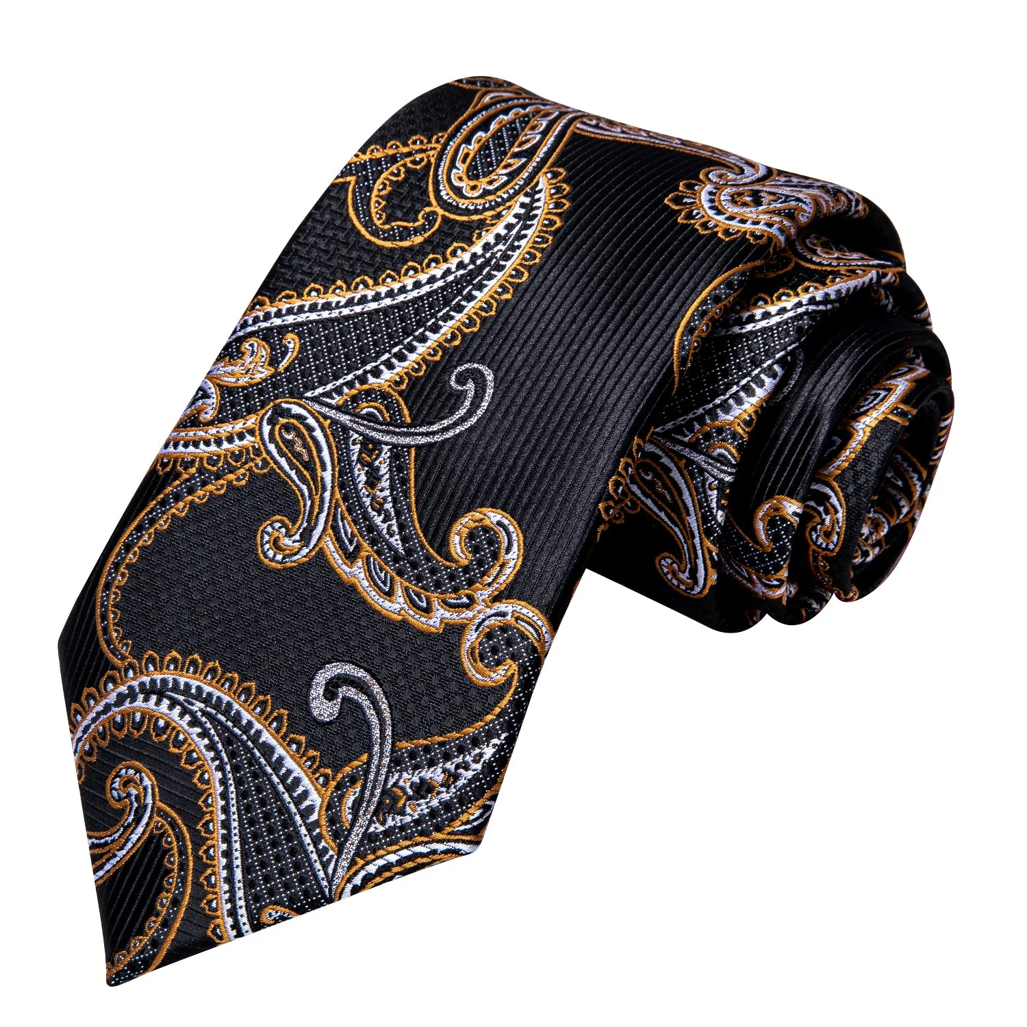 Black Golden Paisley Necktie Pocket Square Cufflinks Set sold by Ties2You product image thumbnail 4