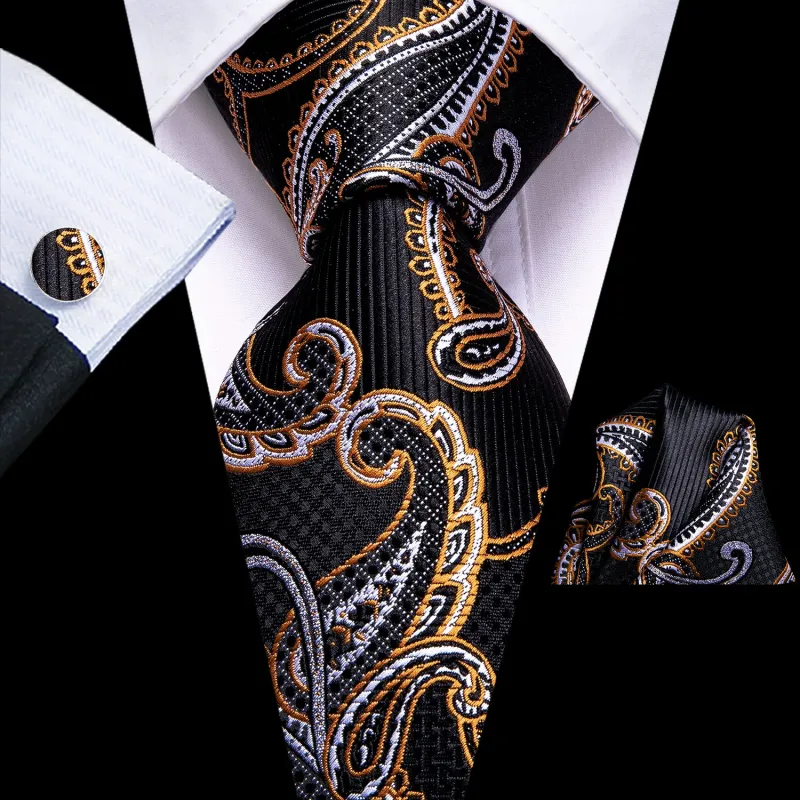 Black Golden Paisley Necktie Pocket Square Cufflinks Set sold by Ties2You