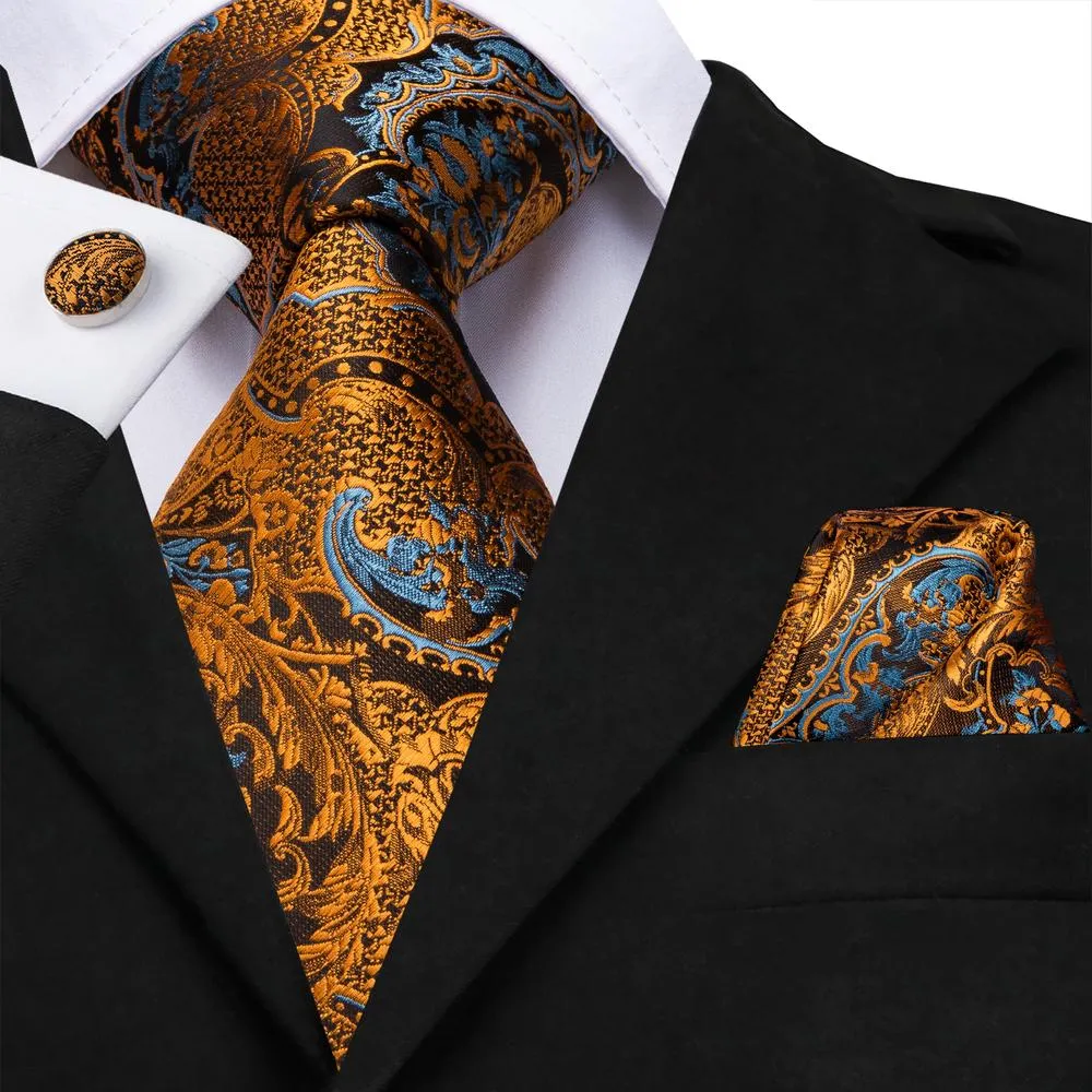 Golden Brown Paisley 63 Inches Extra Long Men's Necktie Pocket Square Cufflinks Set sold by Ties2You