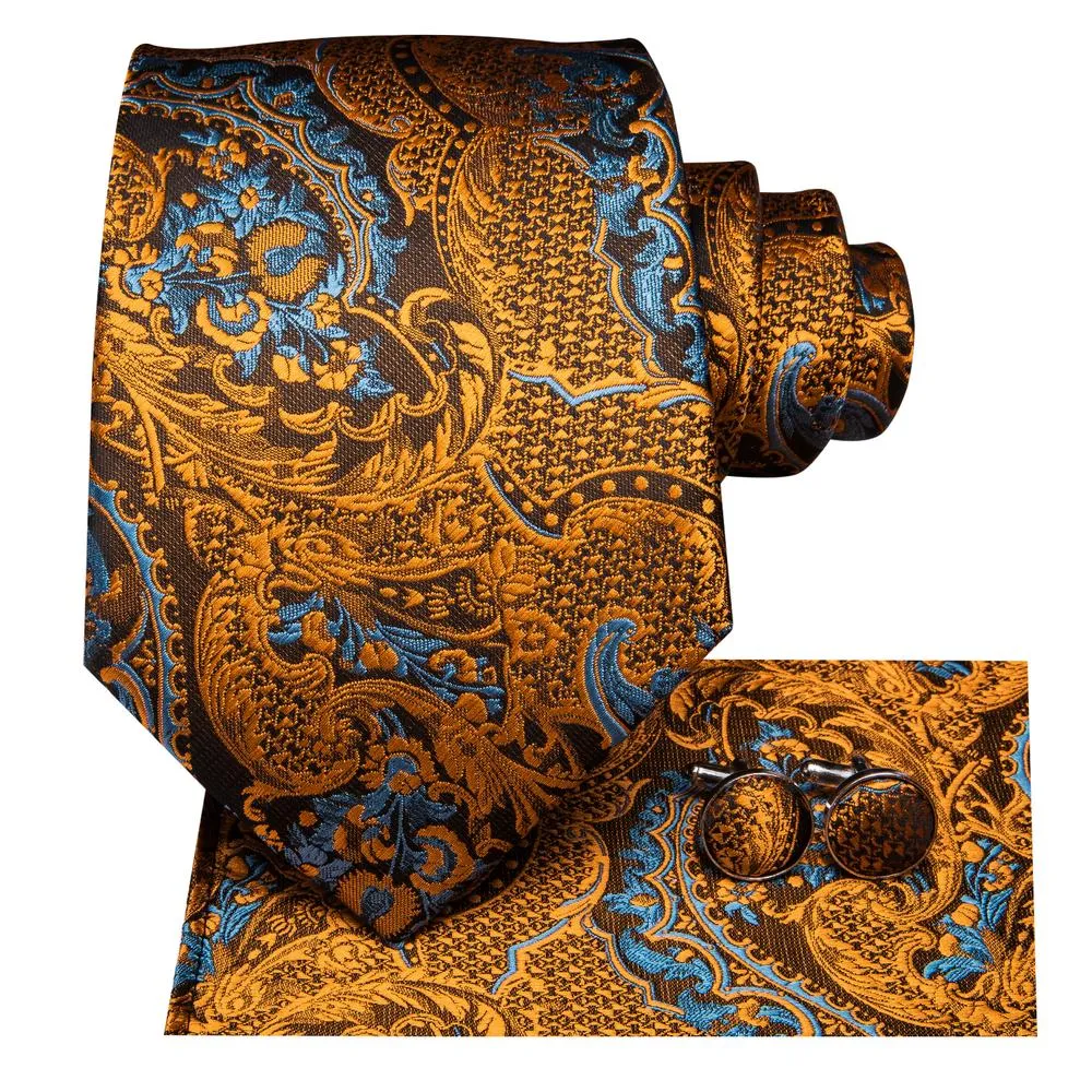 Golden Brown Paisley 63 Inches Extra Long Men's Necktie Pocket Square Cufflinks Set sold by Ties2You product image thumbnail 3