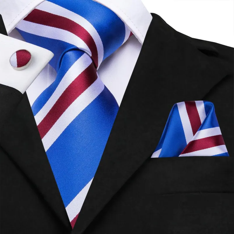 Light Royal Blue Red Striped Men's Necktie Pocket Square Cufflinks Set sold by Ties2You