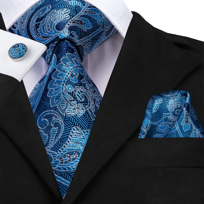 Blue Floral Silk 63 Inches Extra Long Men's Necktie Pocket Square Cufflinks Set sold by Ties2You