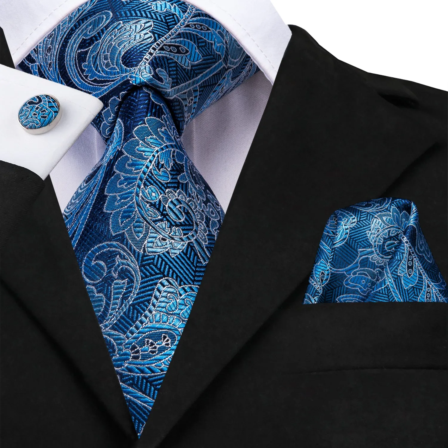 Blue Floral Silk 63 Inches Extra Long Men's Necktie Pocket Square Cufflinks Set sold by Ties2You